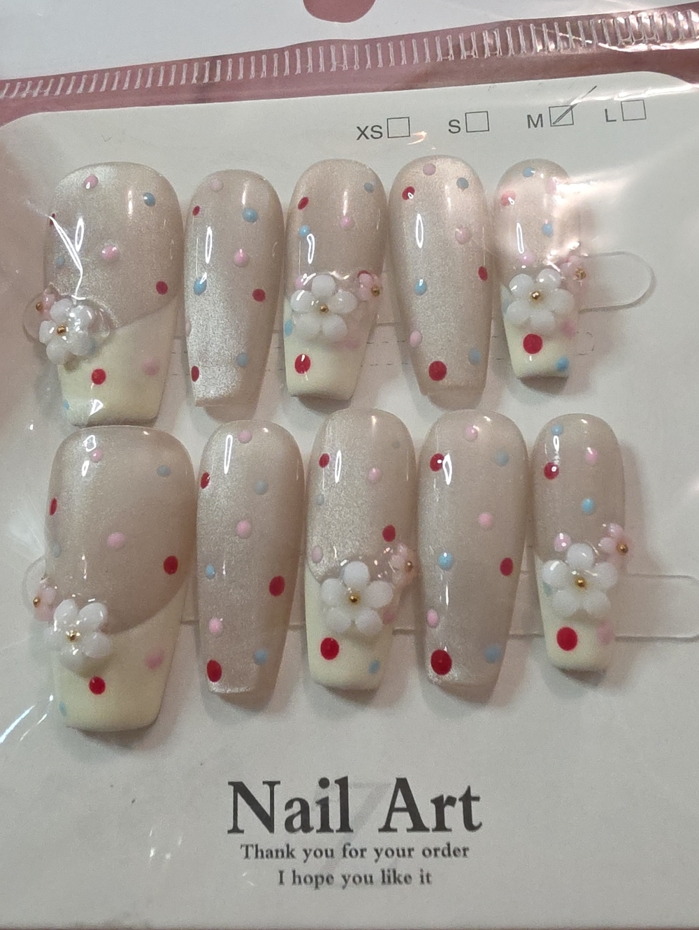 Nail Art Kids Press-On Nails with Floral 3D Accents - Cream & Pink